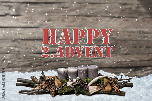 Merry Christmas decoration advent burning grey candle Blurred background snow text message englisch 2nd