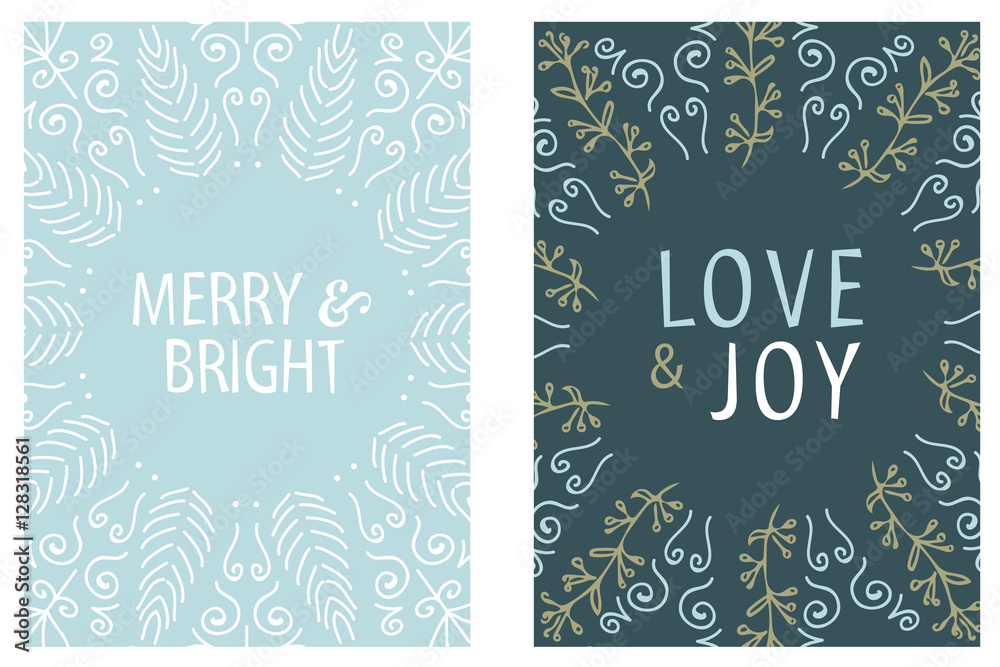 Christmas Card round design. Merry and Bright. Love and Joy. Hand drawn vector illustration.