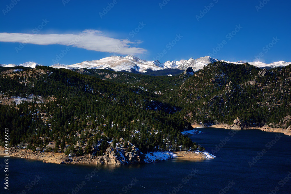 Mountain Reservoir with Snow Covered Peaks and Pine Trees