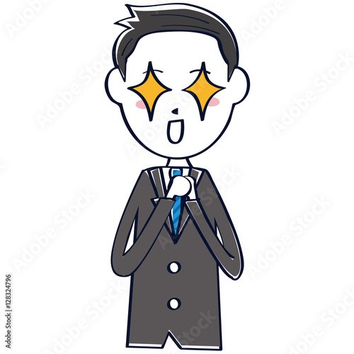 かわいい　さわやかビジネスマン　線画　短髪黒髪 上半身　目が輝く