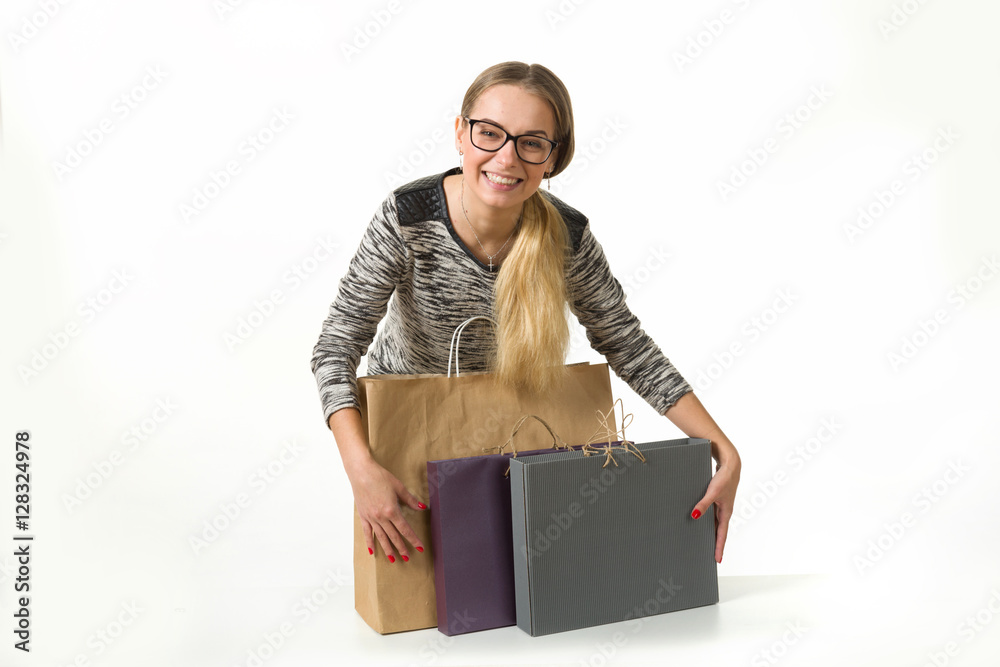girl with shopping bags on a white background girl with shopping bags on a white background