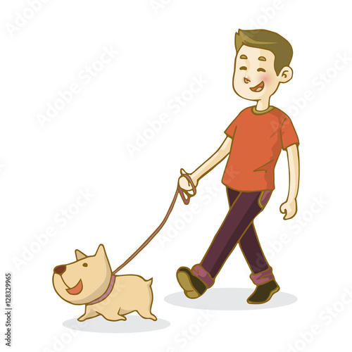 Young man walking dog, isolated on white background, vector