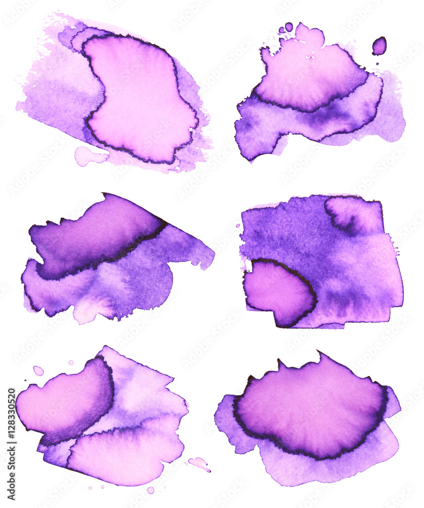 Set of purple watercolor blots