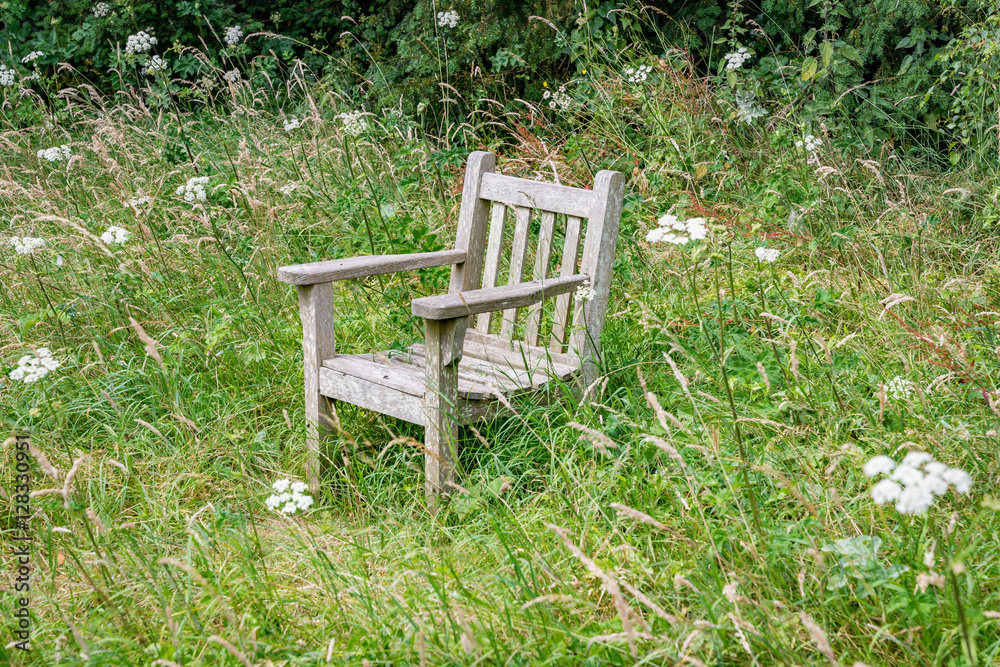 hölzerner, alter Stuhl allein auf einer Wiese im Gras hölzerner, alter Stuhl allein auf einer Wiese im Gras