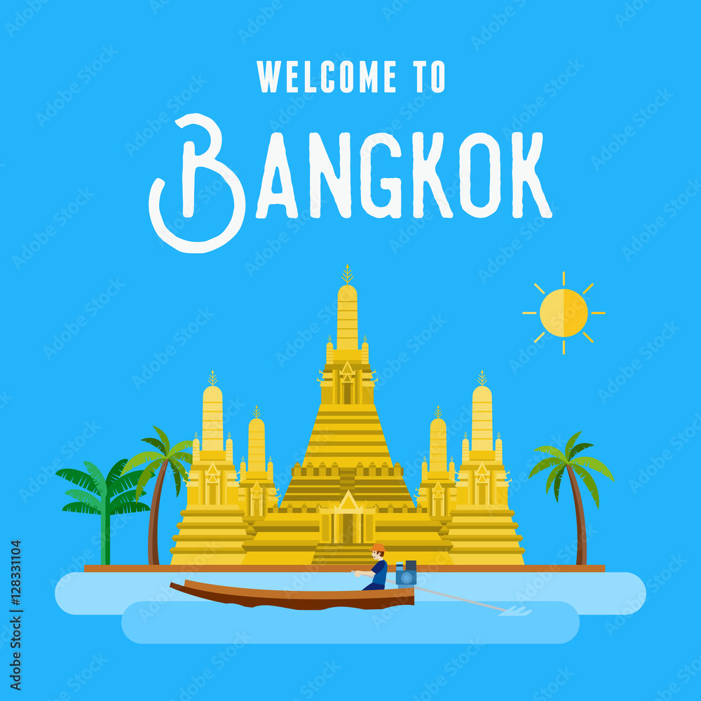 Fototapeta premium Flat design, Wat Arun - The Temple of Dawn in Bangkok, Thailand