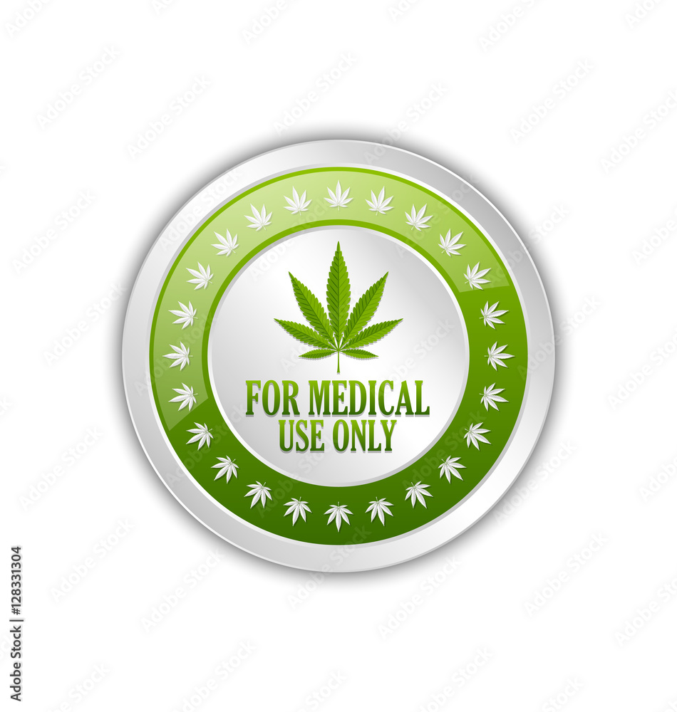 Medical use only badge with marijuana hemp leaf on white background