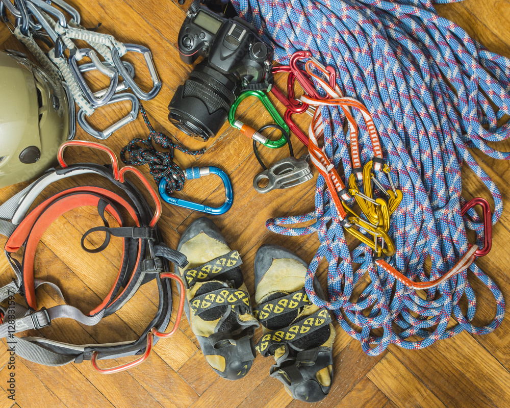 Equipment for rock climbing. foto de Stock Adobe Stock