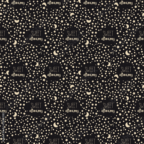 seamless vector pretty night pattern with hand drawn words sweet dreams and hand drawn moons and stars