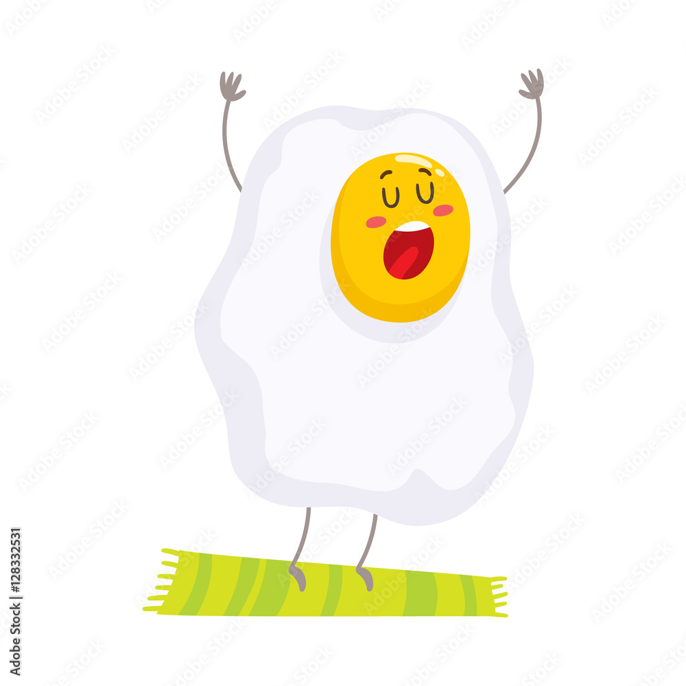 Cute and funny singing fried egg character, colorful cartoon vector  illustration isolated on white background. Funny fried egg with face, arms  and legs doing morning exercises on a green may Stock Vector