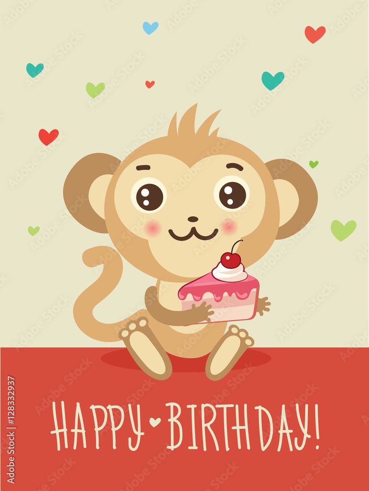 Happy Birthday Card With Funny Monkey And Cake In His Hands. Cute Cartoon Animal Vector. Funky Monkey. Vector Animal Illustration. Humor And Friendship Birthday Image.