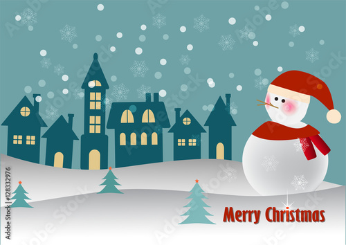 Christmas Greeting Card with Snowman. Vector illustration.