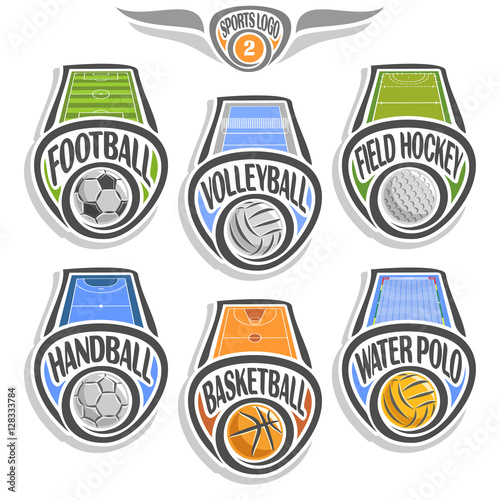 Vector set sports logo with ball, football soccer, volleyball court, field hockey, handball stadium, basketball arena, water polo pool, abstract sign sporting club, icon games balls isolated on white.