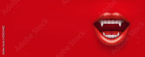 Party Invitation with vampire mouth open red lips and long teeth. Horizontal banner. Vector Illustration.
