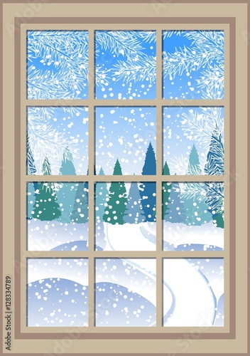 winter Christmas window with a view of the snowy forest. Christmas card.