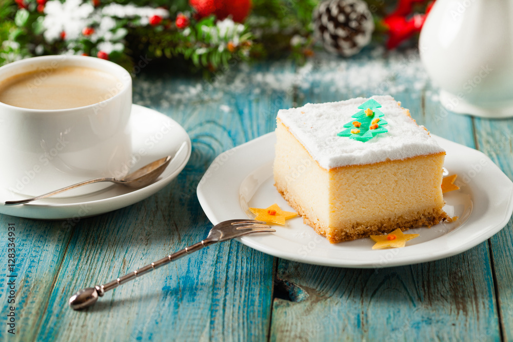 Delicious, traditional cheesecake. Christmas decoration. Delicious, traditional cheesecake. Christmas decoration.