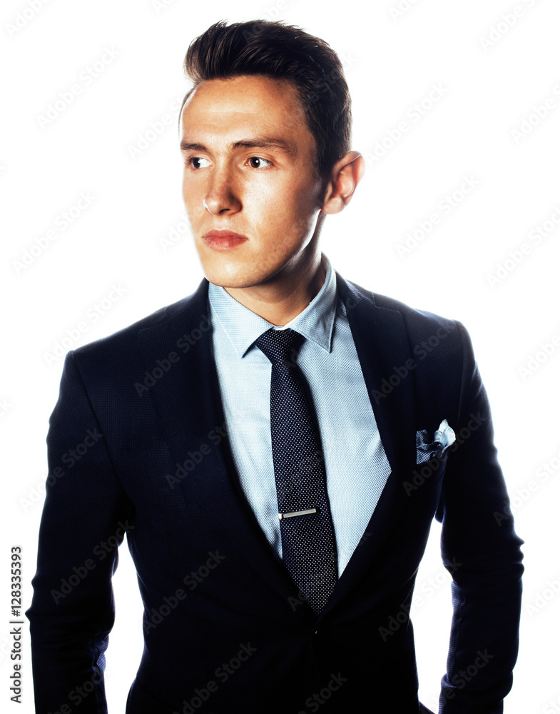 young pretty business man standing on white background, modern hairstyle, posing emotional, lifestyle people concept young pretty business man standing on white background, modern hairstyle, posing emotional, lifestyle people concept