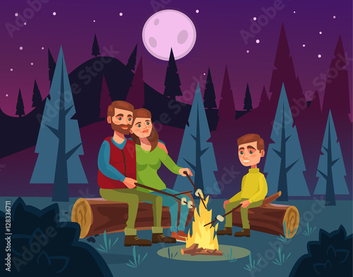 Family picnic by fire at night. Father character tells stories mother and son. Vector flat cartoon illustration