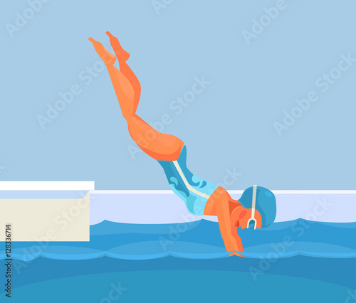 Sport pool. Woman character dives. Vector flat cartoon illustration