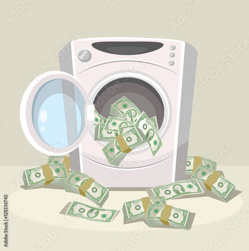 Laundering of money in washer. Vector flat cartoon illustration