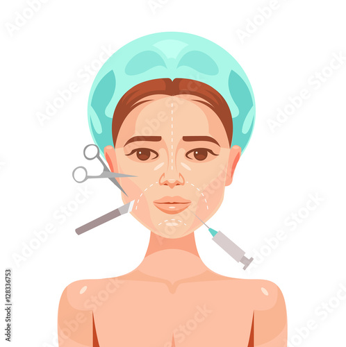 Plastic surgery. Woman face. Vector flat cartoon illustration