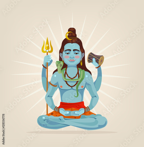 God Shiva character sitting in lotus position. Vector flat cartoon illustration
