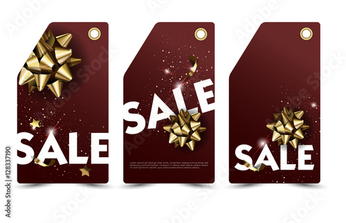 Set of sale and discount paper labels with golden bows ribbons.