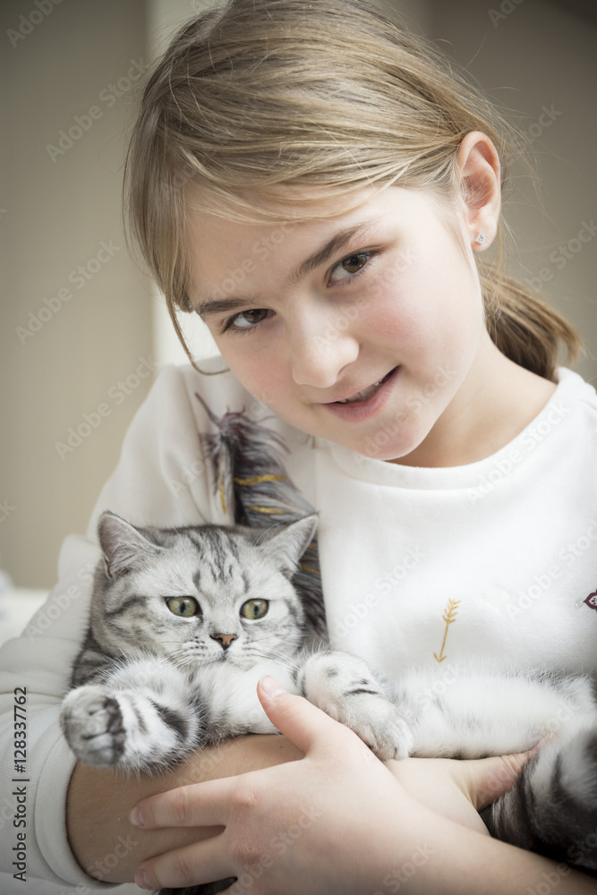 Cute blonde girl playing with a british cat Cute blonde girl playing with a british cat