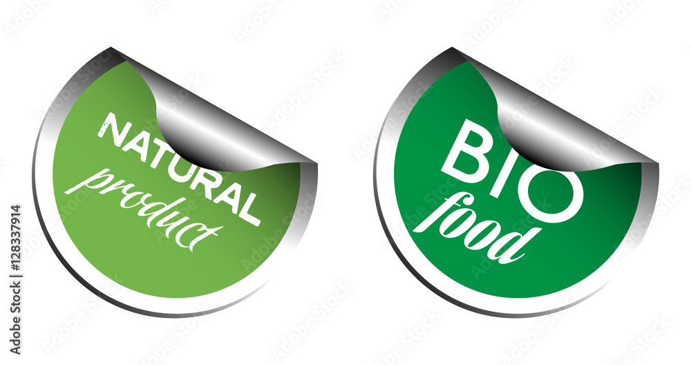 Two green stickers with the text bio food and natural product isolated on a white background Two green stickers with the text bio food and natural product isolated on a white background