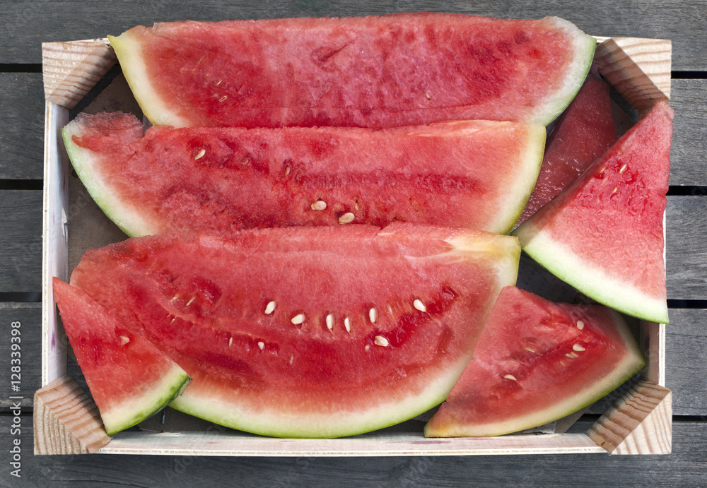 Wooden box of fresh watermelon