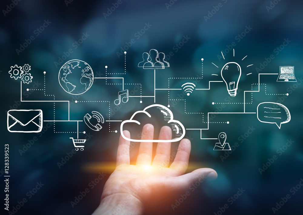 Businessman holding multimedia network 3D rendering Businessman holding multimedia network 3D rendering