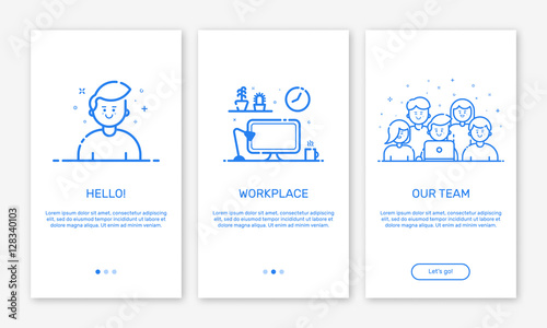 Vector Illustration of onboarding app screens and web concept design team for mobile apps in flat line style. Modern blue interface UX, UI GUI screen template for smart phone or web site banners.