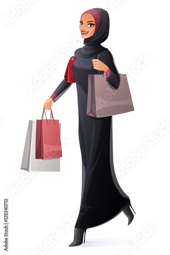 Vector beautiful Muslim woman in hijab walking with shopping bags.