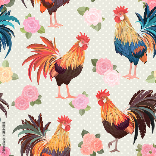 vintage seamless texture with cute roosters and roses.