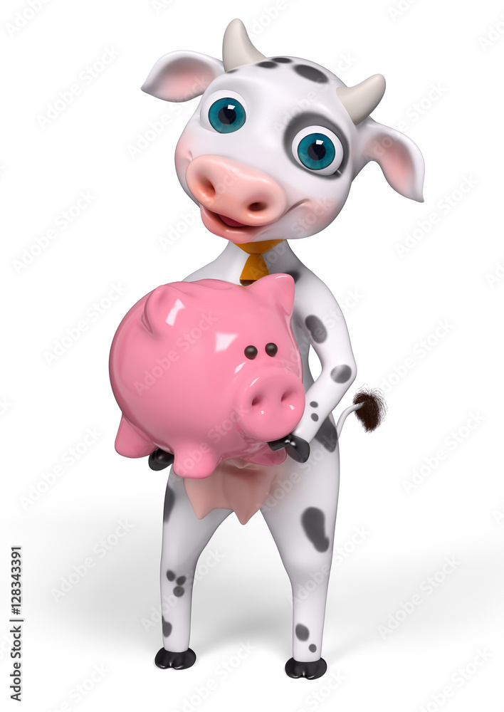 Funny cartoon character cow, holds piggy bank in hands 3d render Funny cartoon character cow, holds piggy bank in hands 3d render