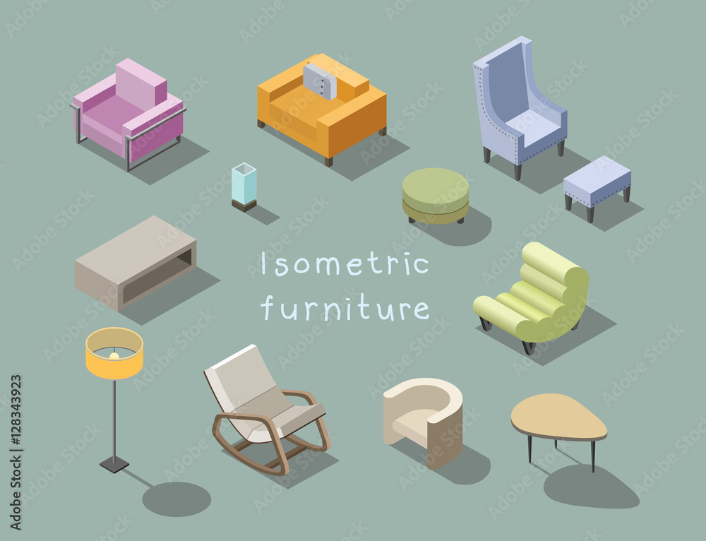 Vector isometric set of modern living room furniture, home constructor. Vector isometric set of modern living room furniture, home constructor.