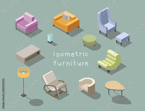 Vector isometric set of modern living room furniture, home constructor.