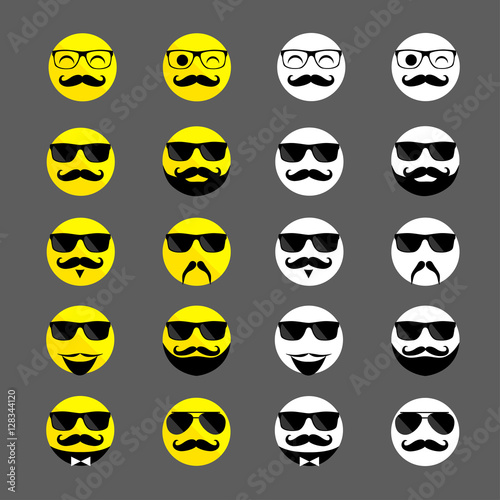 Set of hipster yellow and white emoticons with stylish beards and mustaches. Men wearing glasses. Vector illustration.