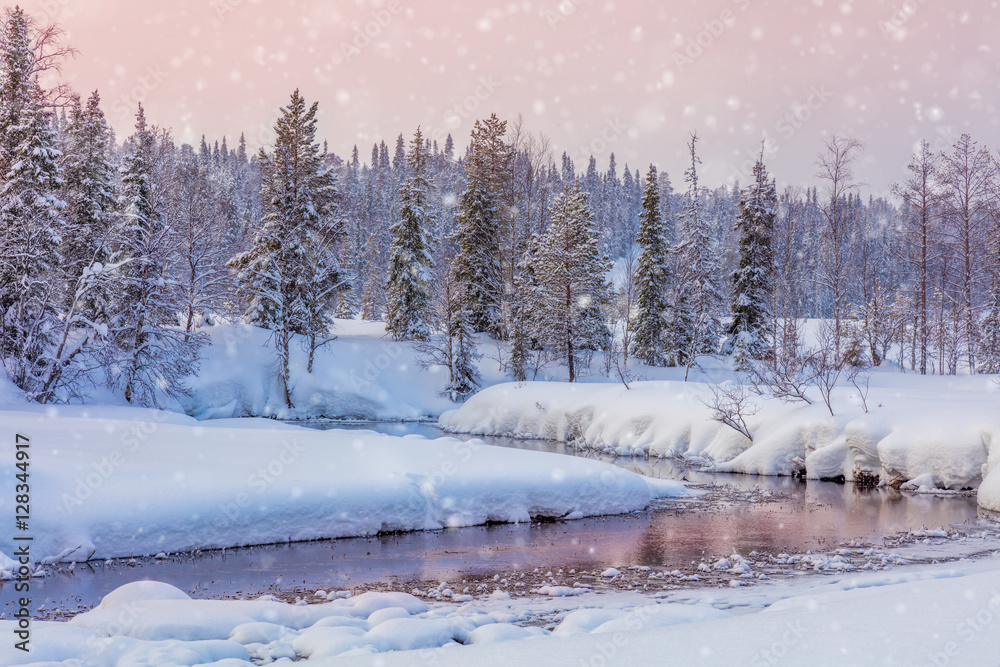 Winter snowy sundown landscape with forest and river
