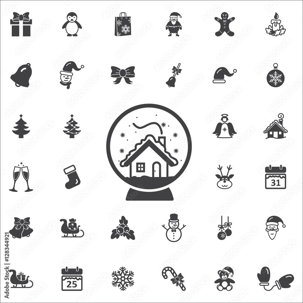 Christmas snow globe with house inside icon on the white background. New Year set of icons Christmas snow globe with house inside icon on the white background. New Year set of icons