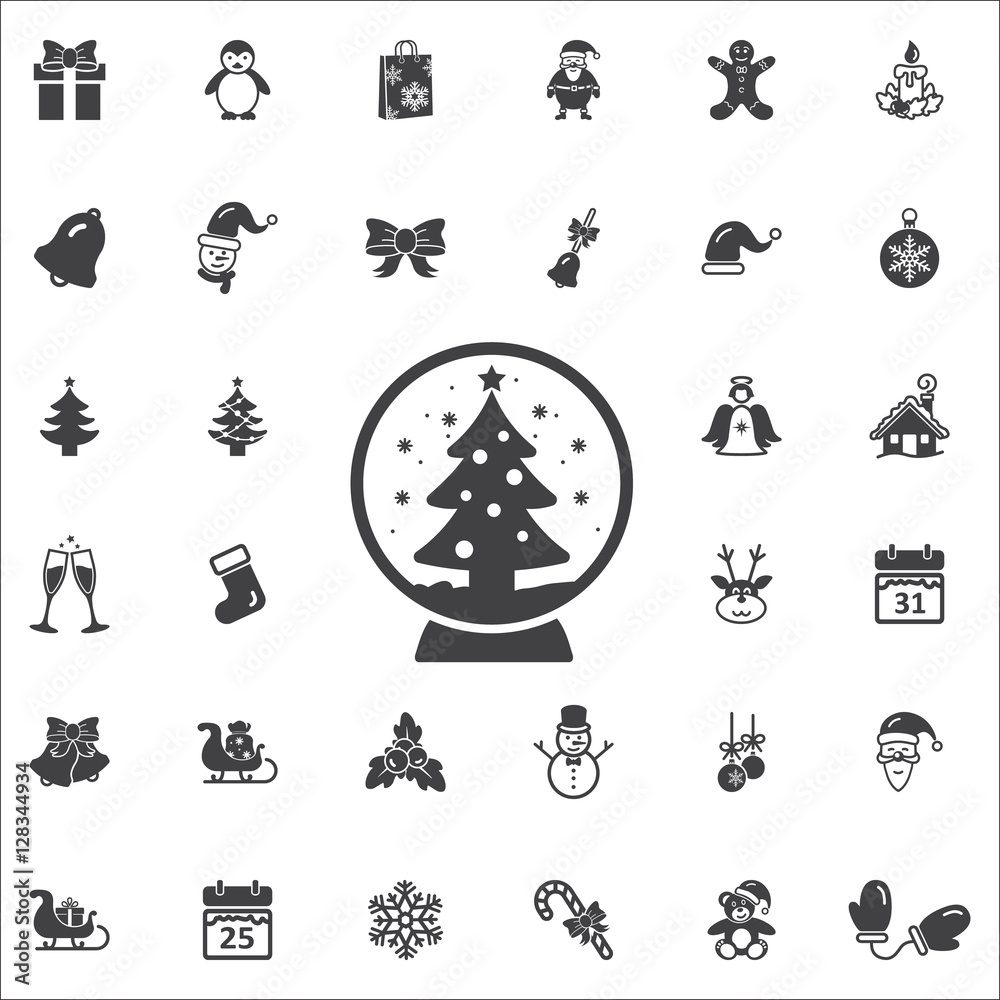 Christmas tree inside globe on the white background. New Year set of icons.  holidays