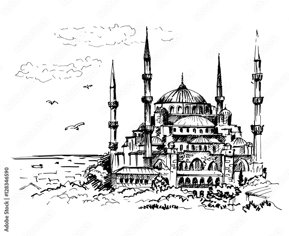 Blue Mosque, Istanbul, Turkey. Sketch, vector illustration.