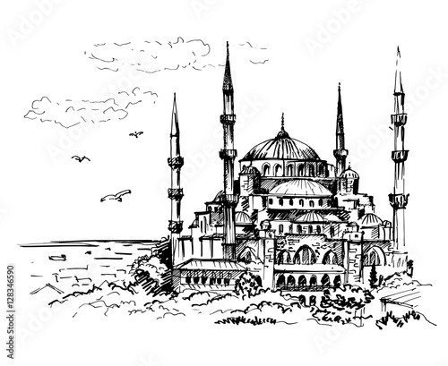 Blue Mosque, Istanbul, Turkey. Sketch, vector illustration.