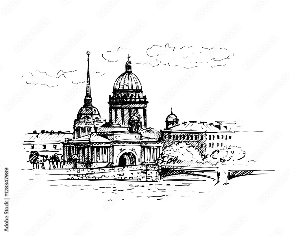 St. Isaac's Cathedral and Neva river with bridge,St.Petersburg, Russia. Vector illustration. Sketch.