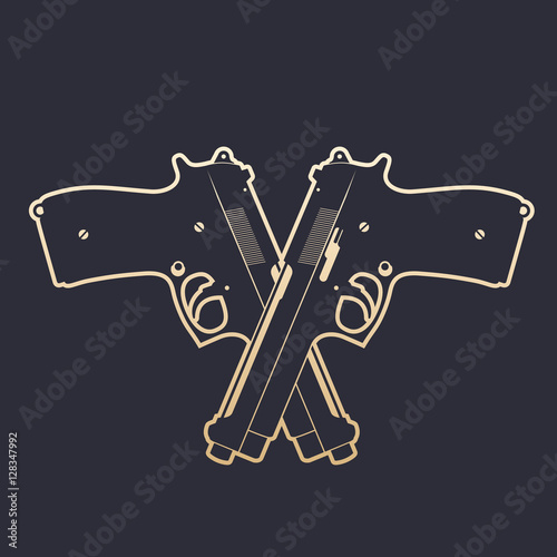 crossed modern pistols, two semiautomatic handguns, gold outline, vector illustration