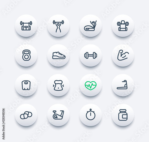 fitness and gym training line icons set, workout, exercise, trainers, bodybuilding, diet, sport nutrition, vector illustration
