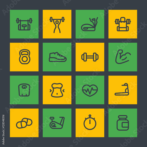 fitness and gym training line icons set, workout, exercise, trainers, bodybuilding, sport nutrition