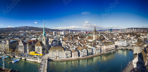 Historic Zürich city center with famous Fraumünster Church, Limmat river and Zürich lake, Switzerland