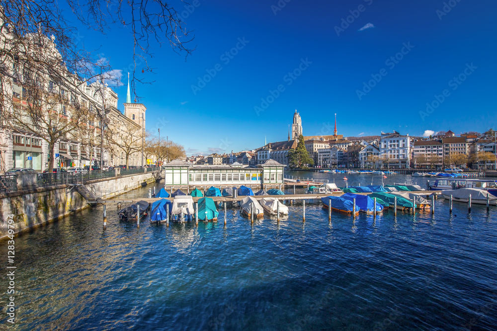 Historic Zürich city center with famous Grossmünster Church and Limmat river, Switzerland