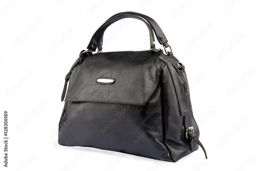 Black female leather bag isolated on white background.