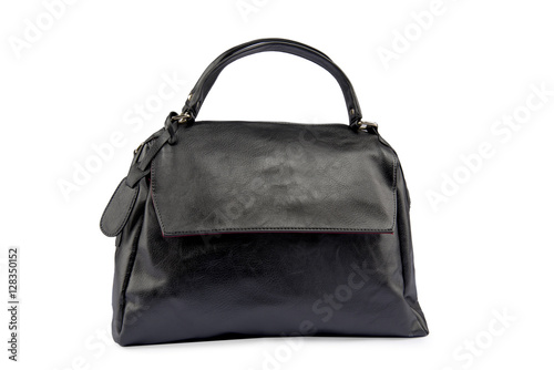 Black female leather bag isolated on white background.